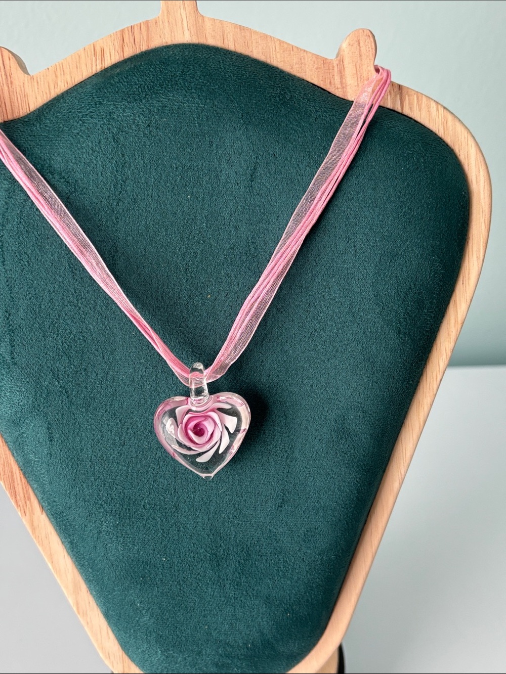 Pink Heart Rose Glass Pendant Necklace - Women Jewelry